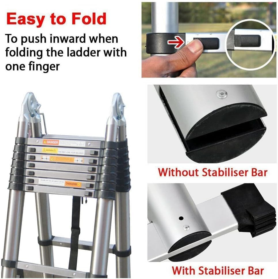 Telescoping Aluminum Ladder 16.5 FT Dual Purpose With Stabilizer - Adjustable Compact Step Climb for Household, RV, Outdoor Work - 330lb Load Capacity (2.5M+2.5M) - Image 6
