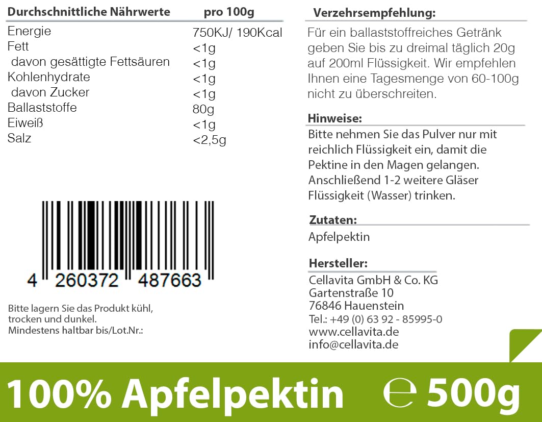 Cellavita – Apfelpektin Pulver im praktischen 500g Vorratsbeutel – Reines Pektinpulver aus Äpfeln – Vielseitiges Nahrungsergänzungsmittel & als Ballaststoffquelle – Ohne Zusatzstoffe & Rieselhilfen