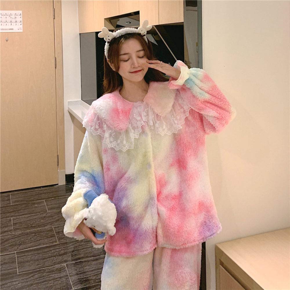 HAIBI Damen Pyjama Winter，Mädchen Schlafanzug Mädchen Pyjamas Schöne Casual Coral Fleece Bunte Pyjamas Anzug Dick Plüsch Wärme Süße Bequeme Homewear