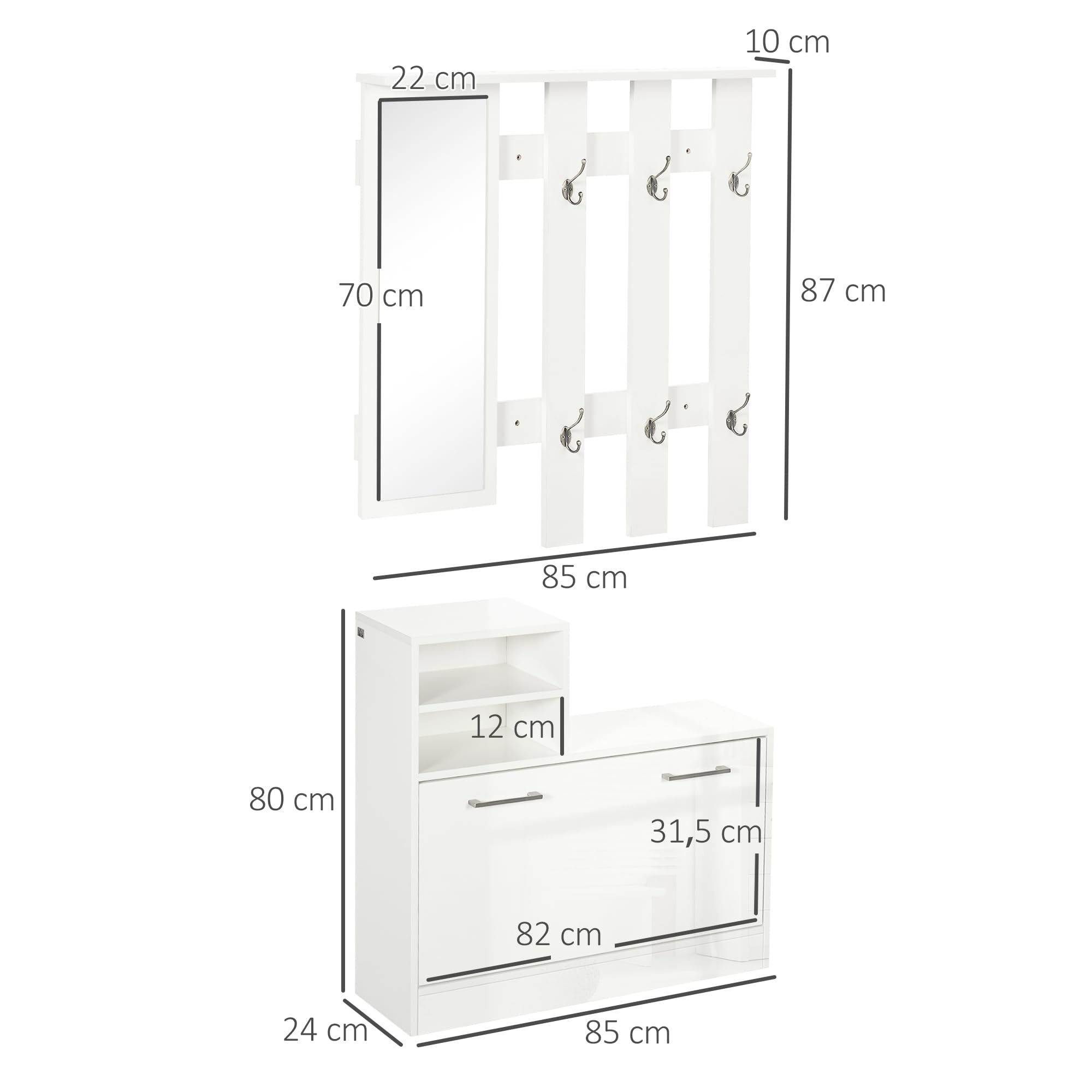 HOMCOM Conjunto de Recibidor de Entrada con Espejo Perchero y Zapatero Muebles de Entrada con 6 Ganchos y Estantes para 8 Pares de Zapatos para Pasillo Blanco Brillante