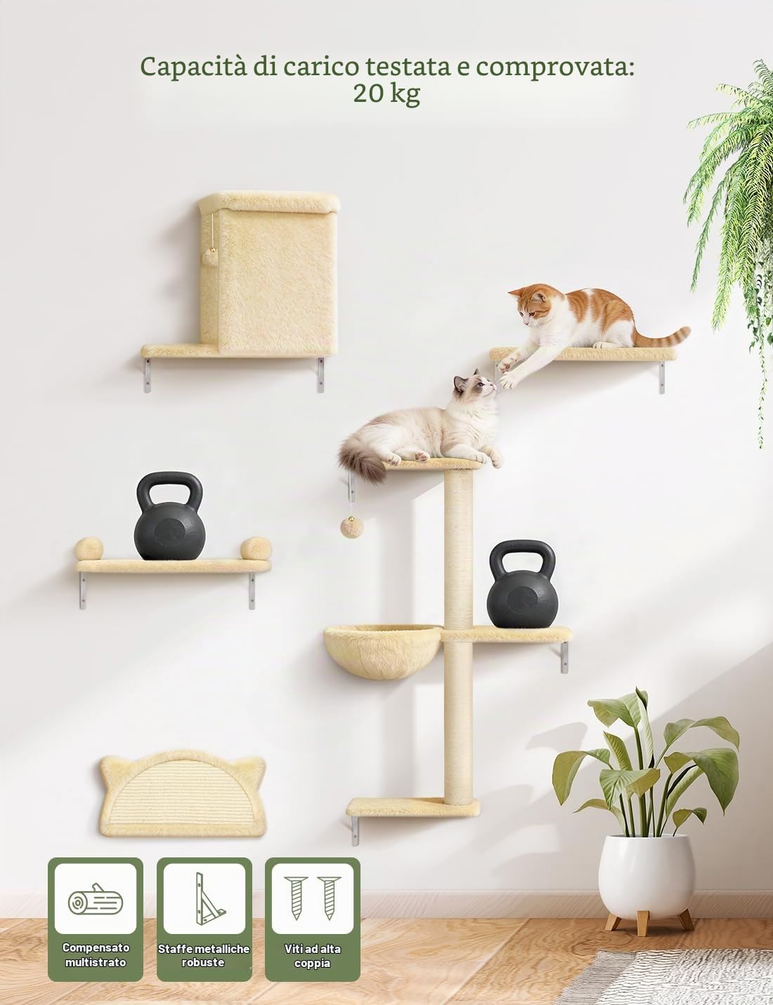Set Mobili da Parete per Gatti da Arrampicata, Mensole da Parete in 5 Parte, Legno massello, velluto e sisal, portata massima 20 kg, Parete Tiragraffi per Gatti, Beige