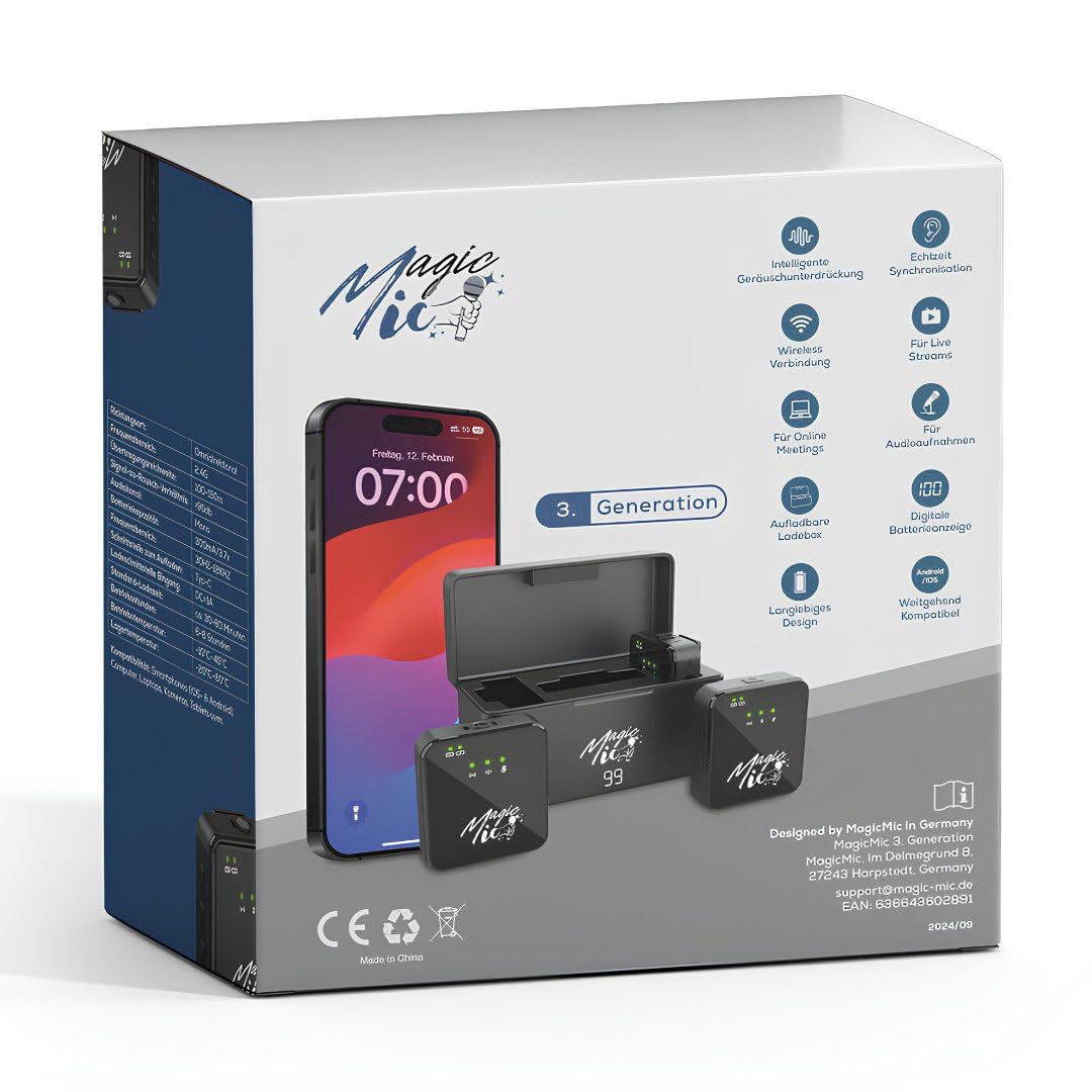 MagicMic™ 2in1 Mikrofon (3. Generation) Content Creation, Lavalier-Funkmikrofon mit Geräusch­unterdrückung für PC, iPhone, Interviews, YouTube, Vlogs (2 Sender + 1 Empfänger + Ladebox + Adapter)