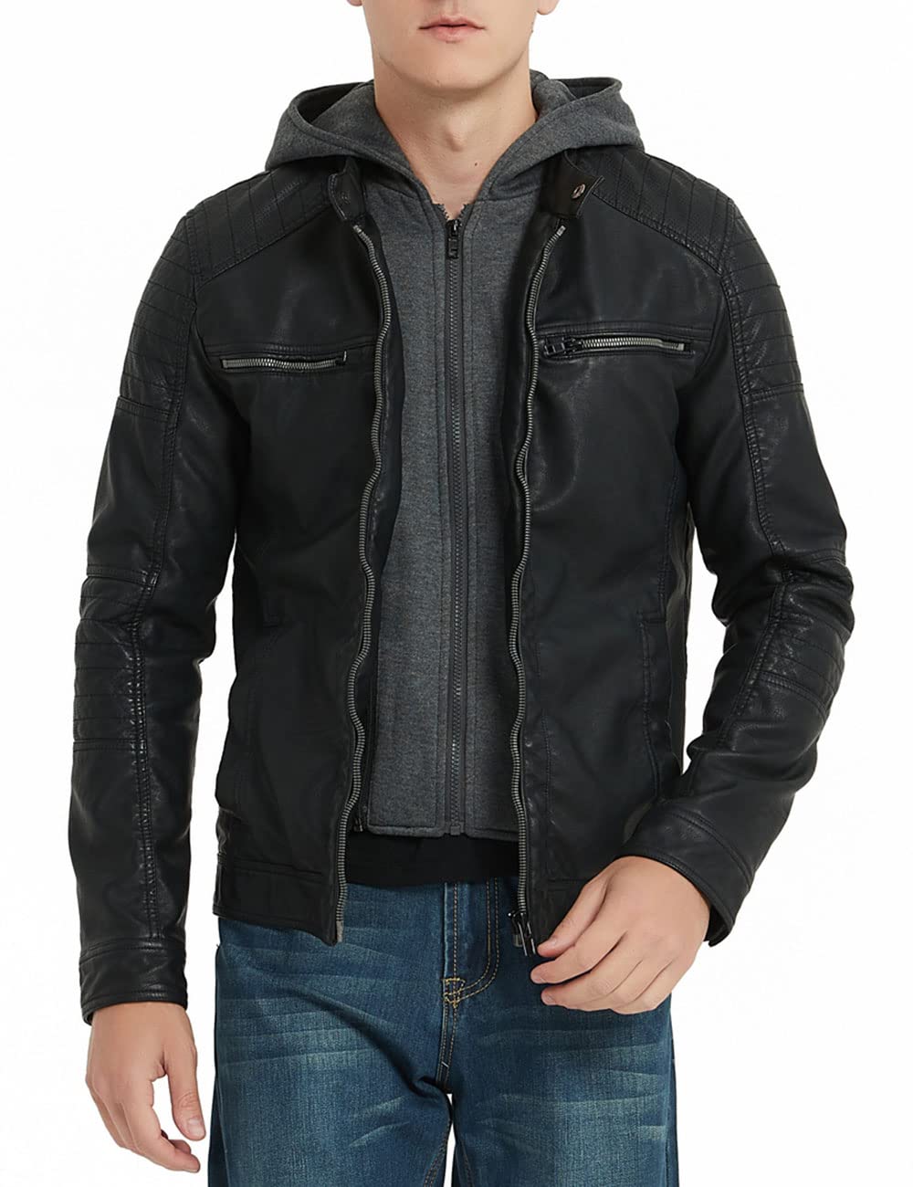 Bellivera Mens Faux Leather Jacket Spring and Winter Fashion with Detachable Hood, Moto Biker Coat