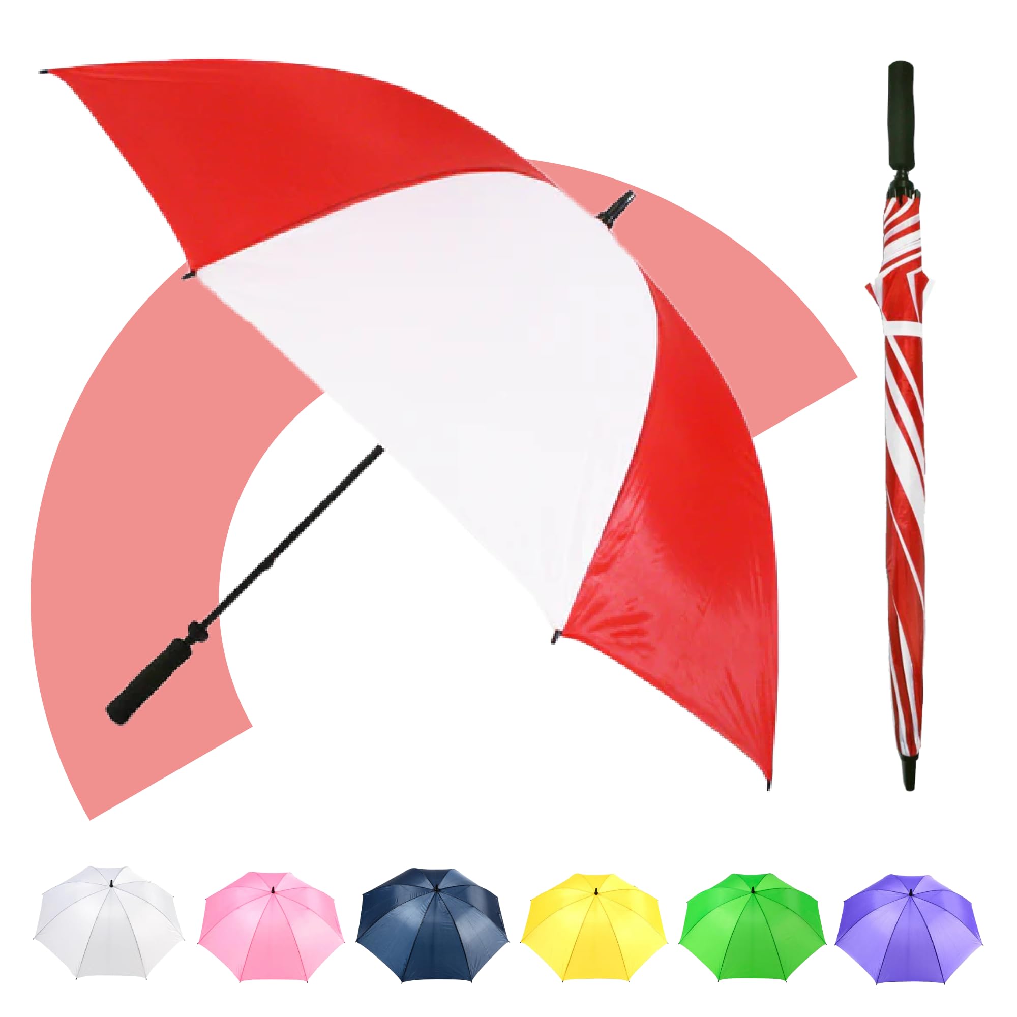 Jollybrolly Red & White Golf Umbrella – Windproof & Rainrpoof Sun Umbrella, Large Canopy For Sun Protection, Anti-Wind Design, Perfect For Golf & Uk Weather