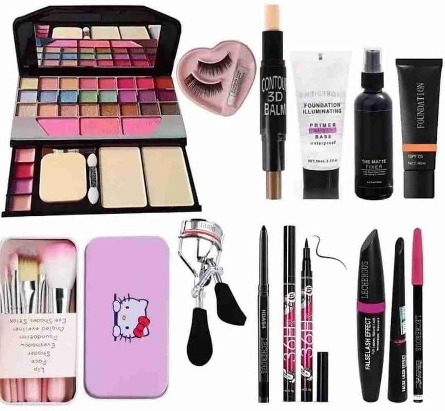 Women’s & Girl’s 3in1 Combo 6155 Makeup Kit with 7 Pink Makeup Brush, Contour, Primer, Matte Fixer,Foundation,Kajal,36H Waterproof Eyeliner,Eyelashes with Glue and Curler (Pack of 11)
