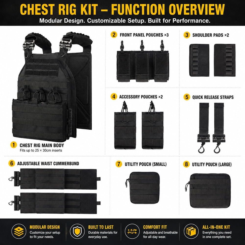 Chaleco Táctico Hombre Mujer Sistema MOLLE,Chaleco Portaplacas Liberación Rápida Ajustable Transpirable Nylon 1000D Airsoft Paintball Senderismo Caza Actividades Outdoor