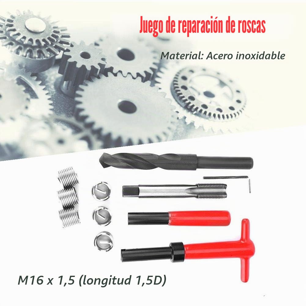 Kit de reparación de roscas de 11 piezas, M16x1.5 longitud 1.5D Acero inoxidable Taladro retorcido Llave de rosca Herramienta de inserción roscada, Conversión de unidades métricas-imperiales Kit de re