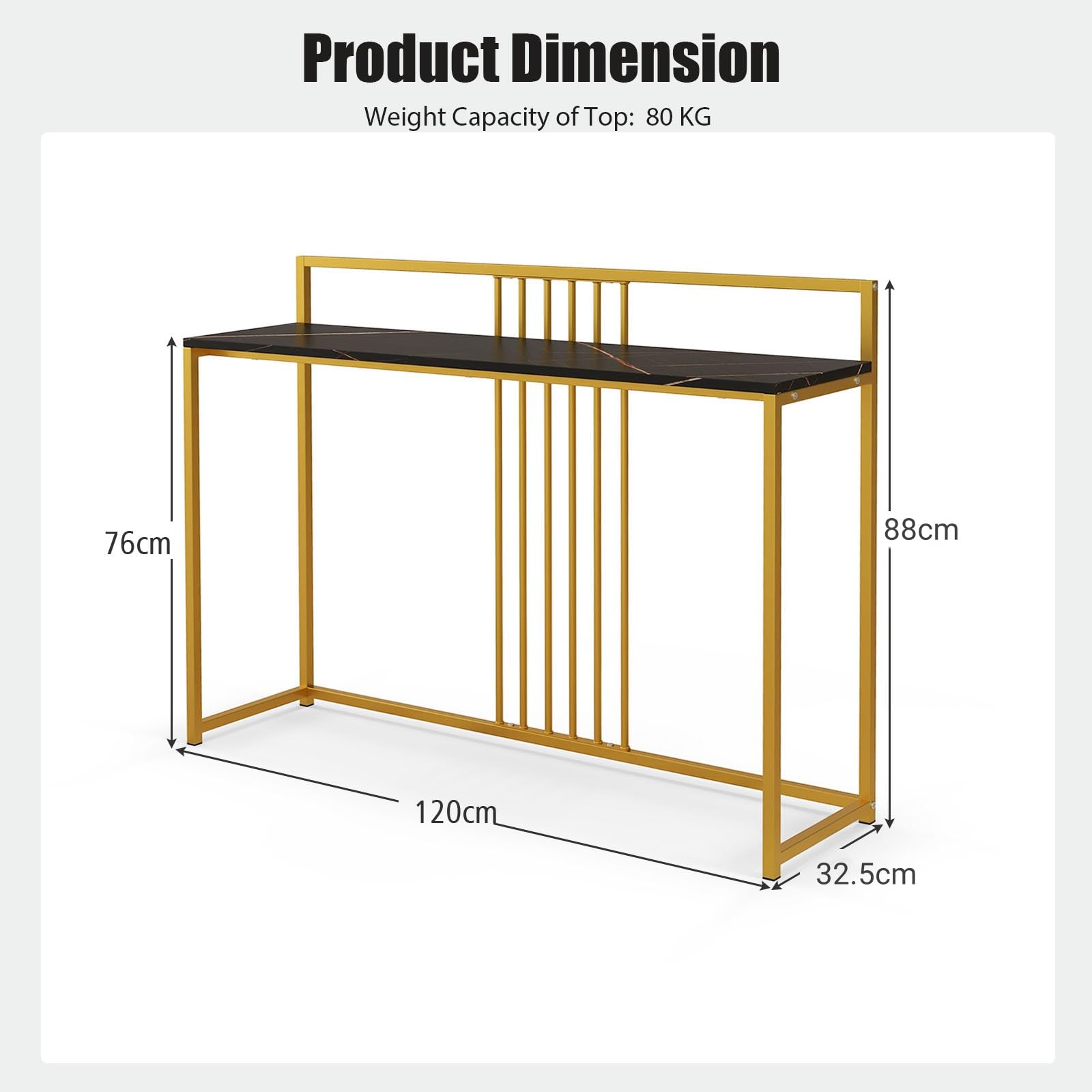 LIFEZEAL Table Console Aspect Marbre Doré, Meuble d’Entrée avec Structure en Métal, Table d'Appoint Étroite Style Candinave, 120 x 32 x 88 cm, Bout de Canapé pour Couloir, Entrée, Salon (Noir)
