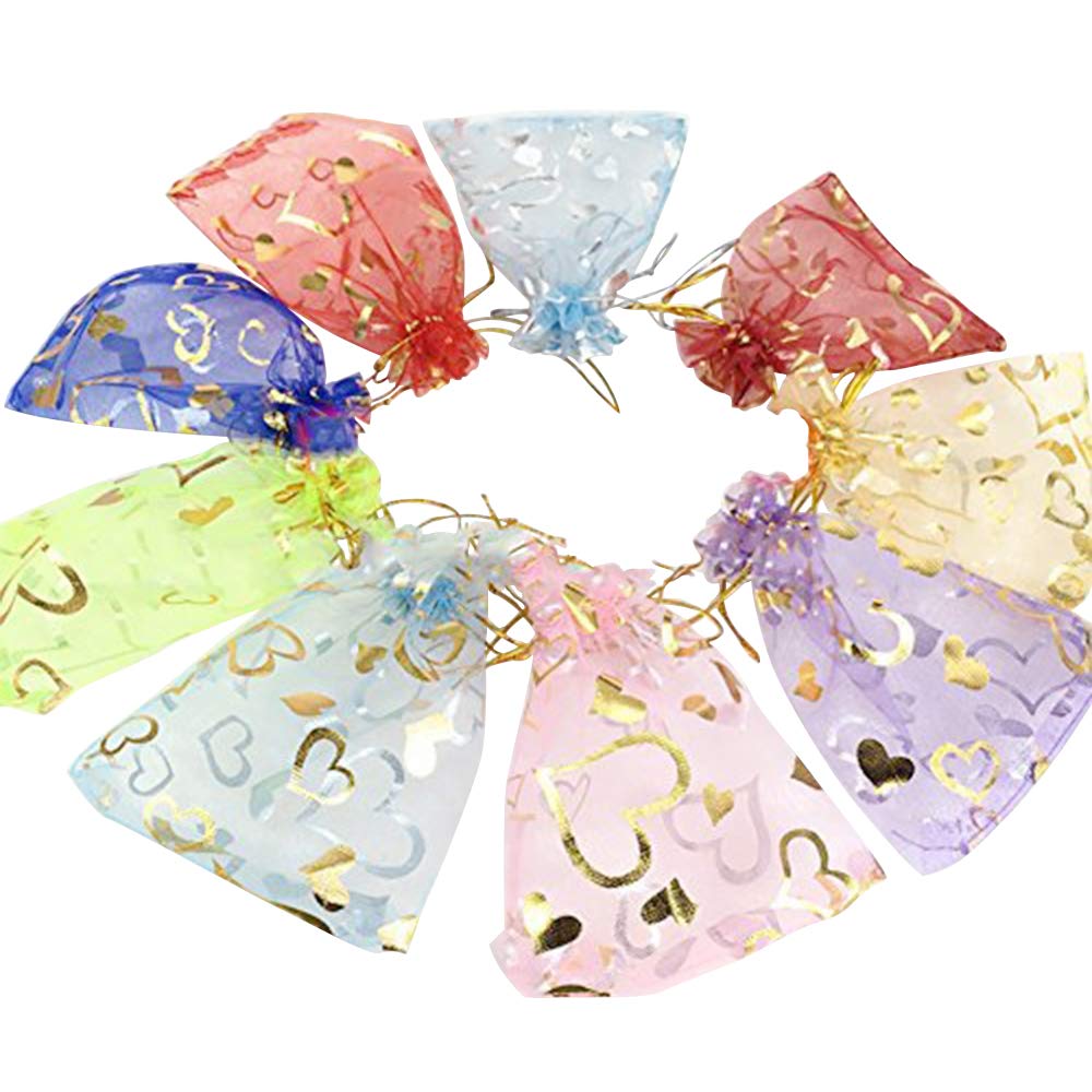 (Blend Heart) - Wuligirl 100 PCS 9cm by 12cm Mixed Colour Heart Organza Gift Bags with Drawstring edding Party Bags Candy Bags Jewellery Bags (100 pcs Mix Heart)