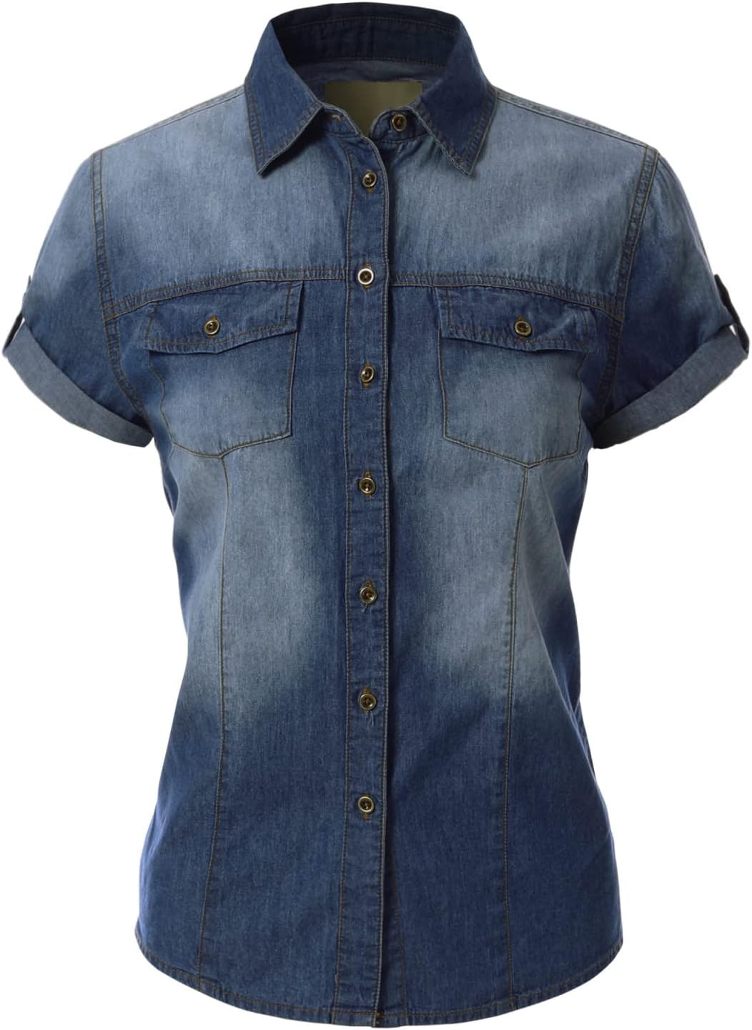 Design by Olivia Women's Cap Sleeve Button Down Denim Chambray Shirt