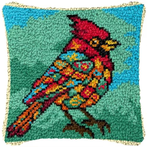 Image of YOOLOOKY Latch Hook Pillow Kits for Adults Beginners Pre-Printed Canvas Embroidery Cushion for Home Sofa Decoration 17x17inch (Bird)