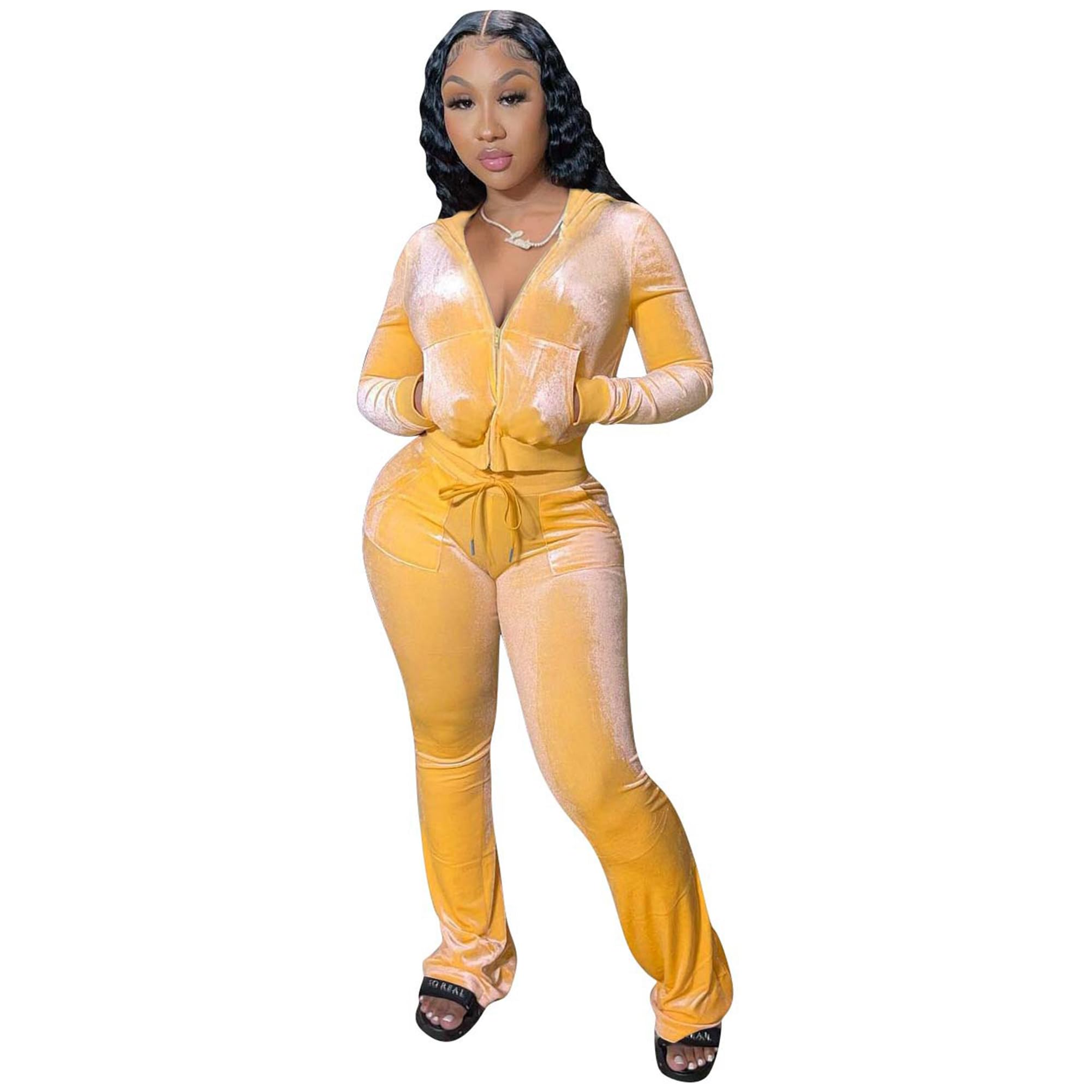 yidengymx Womens 2 Piece Velour Tracksuit Two Piece Outfits for Women Long Sleeve Zip Up Crop Tops Sweatpants Sets Pockets Hoodie/Wide Leg Pants-yellow Medium