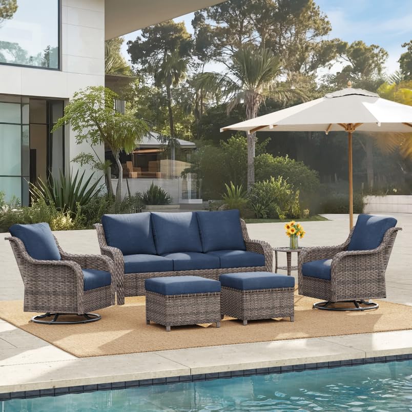 6-Piece-Patio-Furniture-Set-with-Swivel-Chairs-Side-Table-Ottomans-Outdoor-Conversation-Set-for-Backyard-Deck-Porch-Poolside-Blue-Comfortable-Cushions-in-Mixed-Grey-Wicker