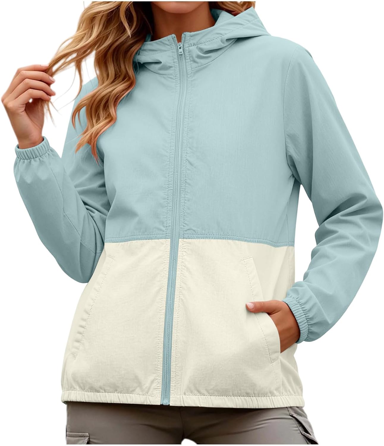 Women's Hoodies Sun Protection Color Block Full Zip Long Sleeve Top Shirts Summer Outdoor Jackets with Pockets
