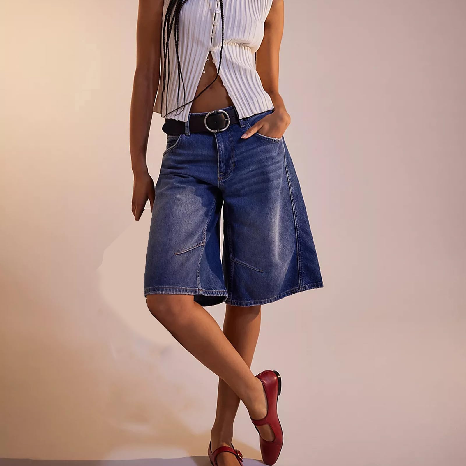 Short en jean ample pour femme - Longueur genou - Style décontracté - Motif cœur - Taille haute - Bermuda ample - Jambe large - Avec poches