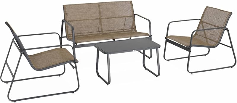 Alice's Garden - Salon de Jardin en métal et textilène pour 4 Personnes. Anthracite et Naturel. Design