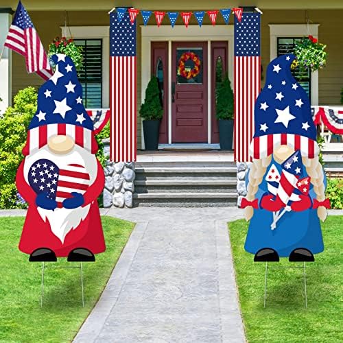 4th of July Yard Sign Outdoor Lawn Decorations,2 Pcs Gnomes Decorative Garden Stakes Yard Decorations,Independence Day Patriotic Garden Decor for Outside Lawn Patio