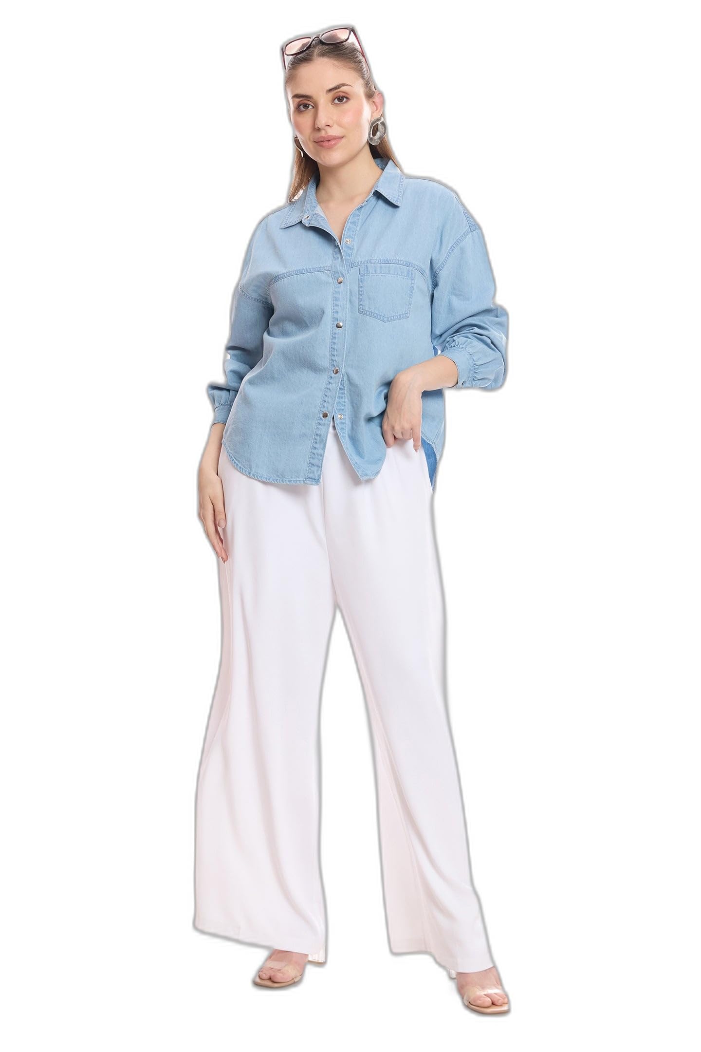 Women’s Denim Longline Button Down Shirt with Front and Back Placket Detail, Collared Long Sleeve Top, Lightweight Contemporary Fashion Apparel for Brunch Travel Office Meetings and Outings-image-11