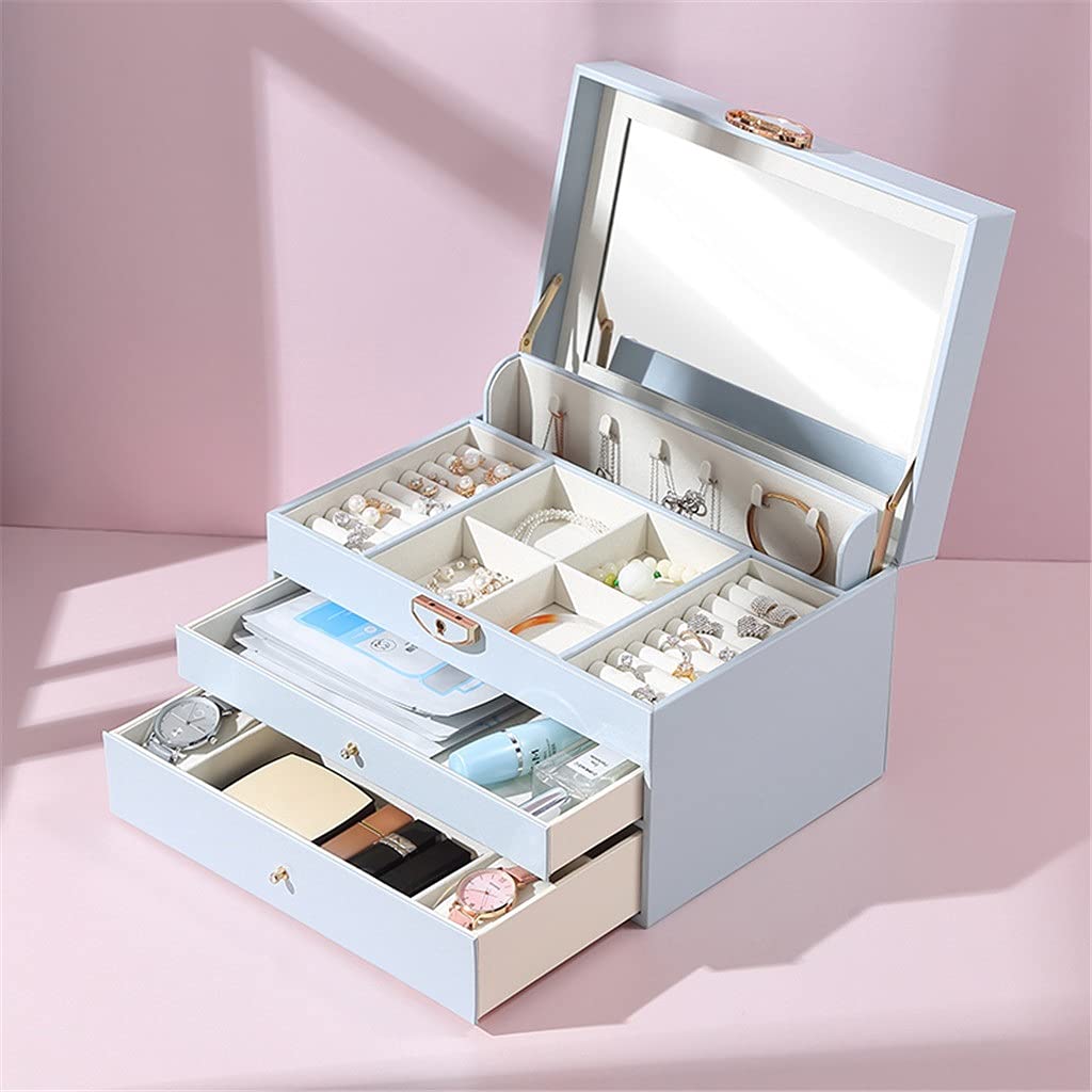 Große Pu-Leder-Box, Organizer, Schublade, Halskette, Ring, Ohrringe, Uhr, Aufbewahrungsbox mit Spiegel
