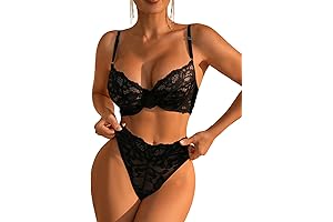 Women's 2 Piece Lingerie Set Floral Lace Sheer Badydoll Teddy Bra and Panty Set