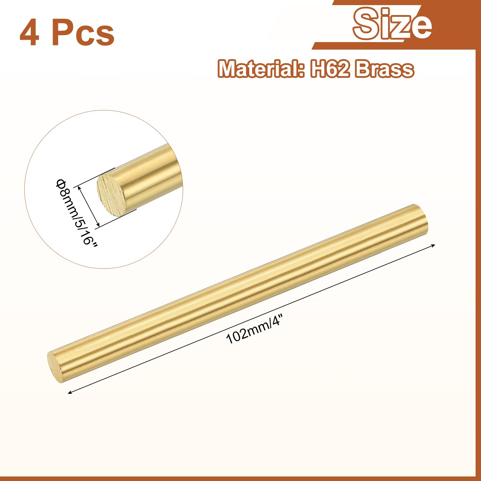 QUARKZMAN 4 sztuki 5/16" (8 mm) średnica mosiężny pręt okrągły 4" (102 mm) długość H62 mosiężny pręt obrotowy okrągły pręt mosiężny do majsterkowania, rzemiosła, przemysłu, budownictwa