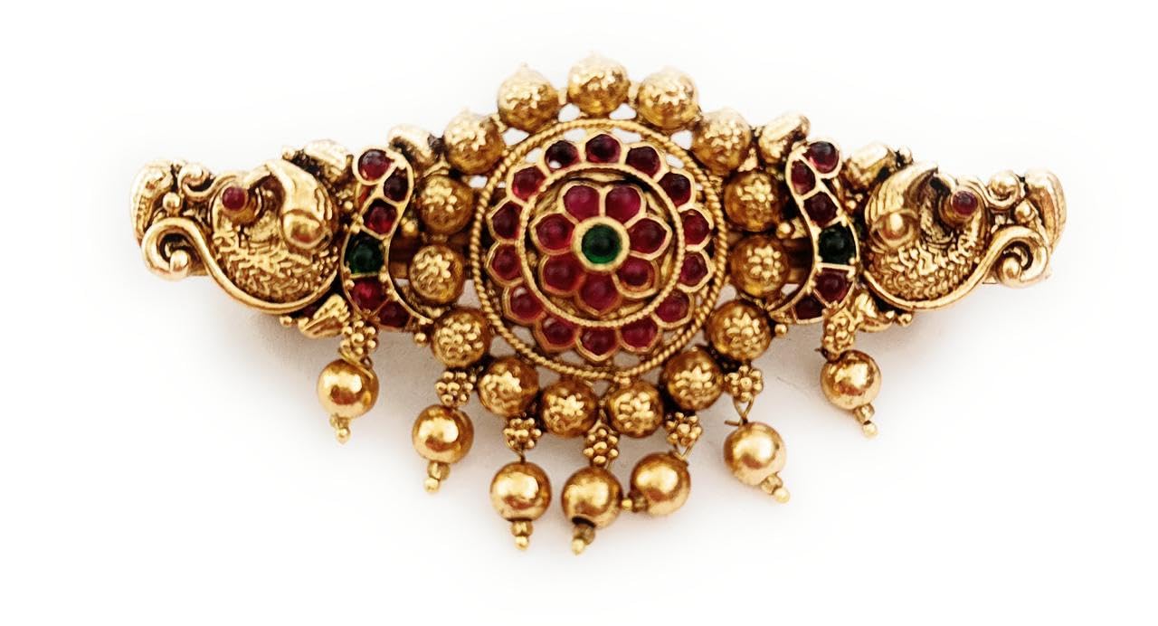hair clips for women and girls antique gold color finish center clips with colorful stones (pack of 1) and beads hanging wedding party traditional back clips latest hair pins-picture-53