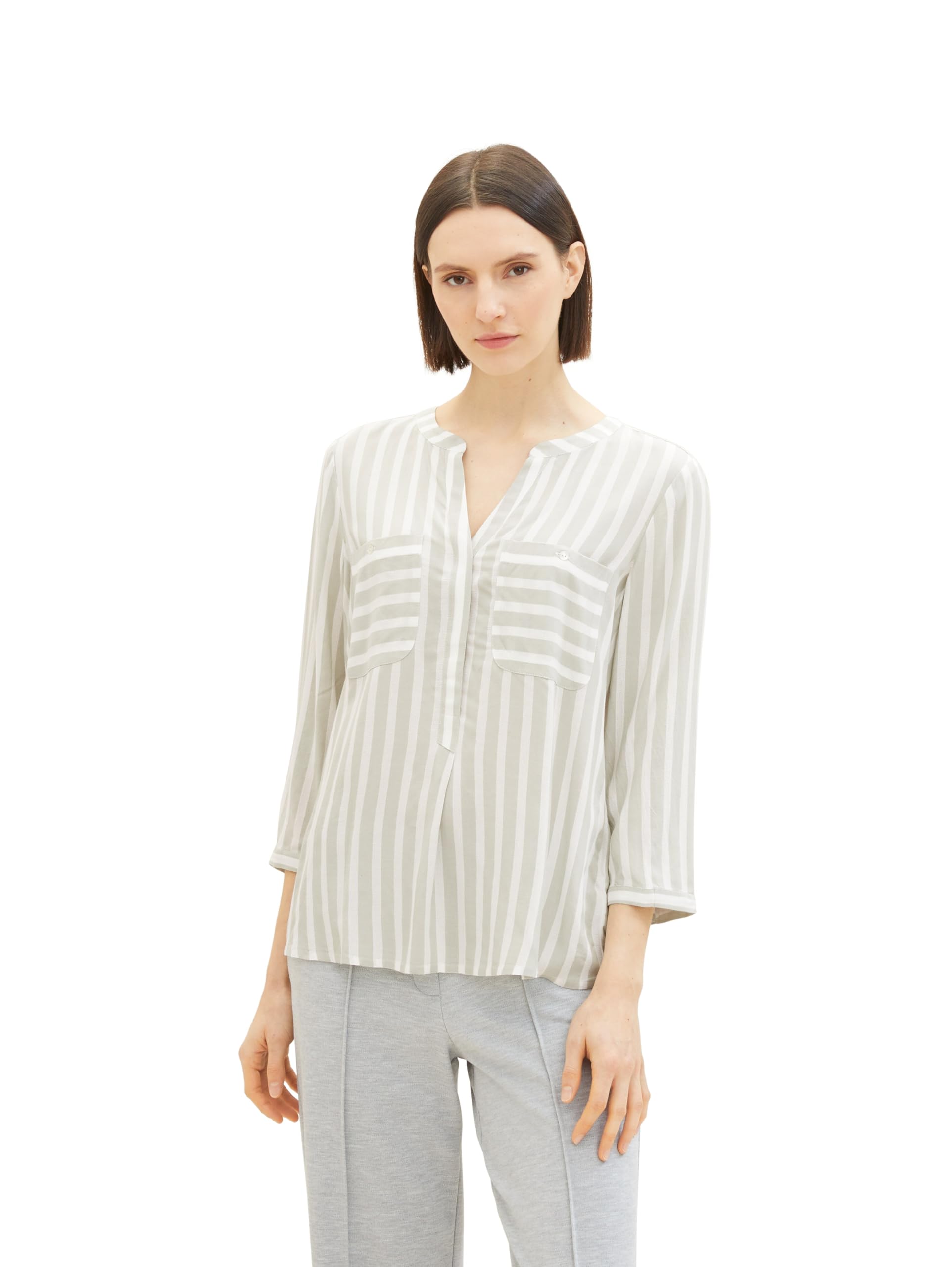 Tom Tailor Damen 1016190 Bluse mit Streifen & Brusttaschen (1er Pack)