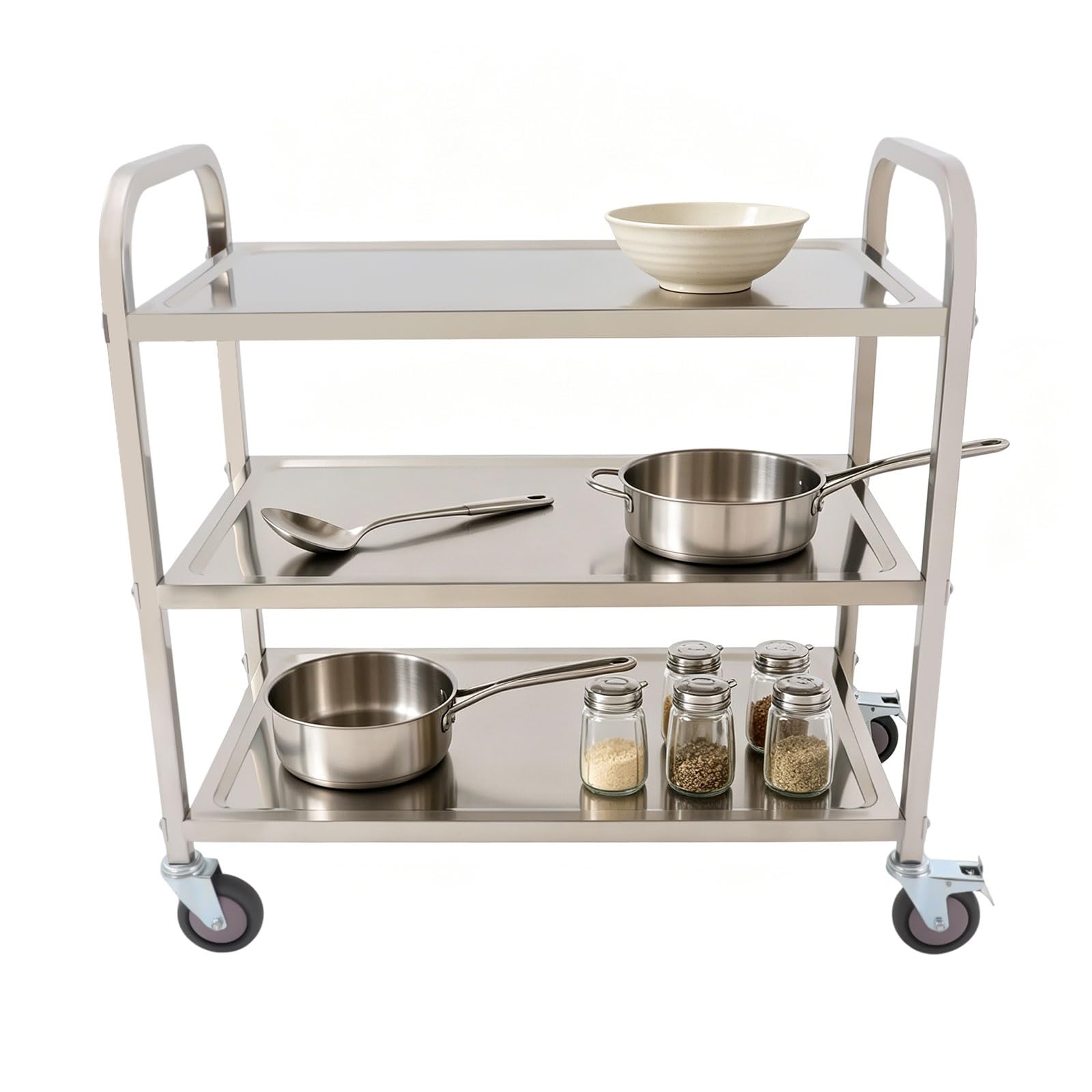 Carro de servicio de 3 niveles, de acero inoxidable, con 2 frenos, ruedas giratorias y asa, 25 kg por capa, pulido, para cocina, restaurante, 85 x 45 cm, color plateado