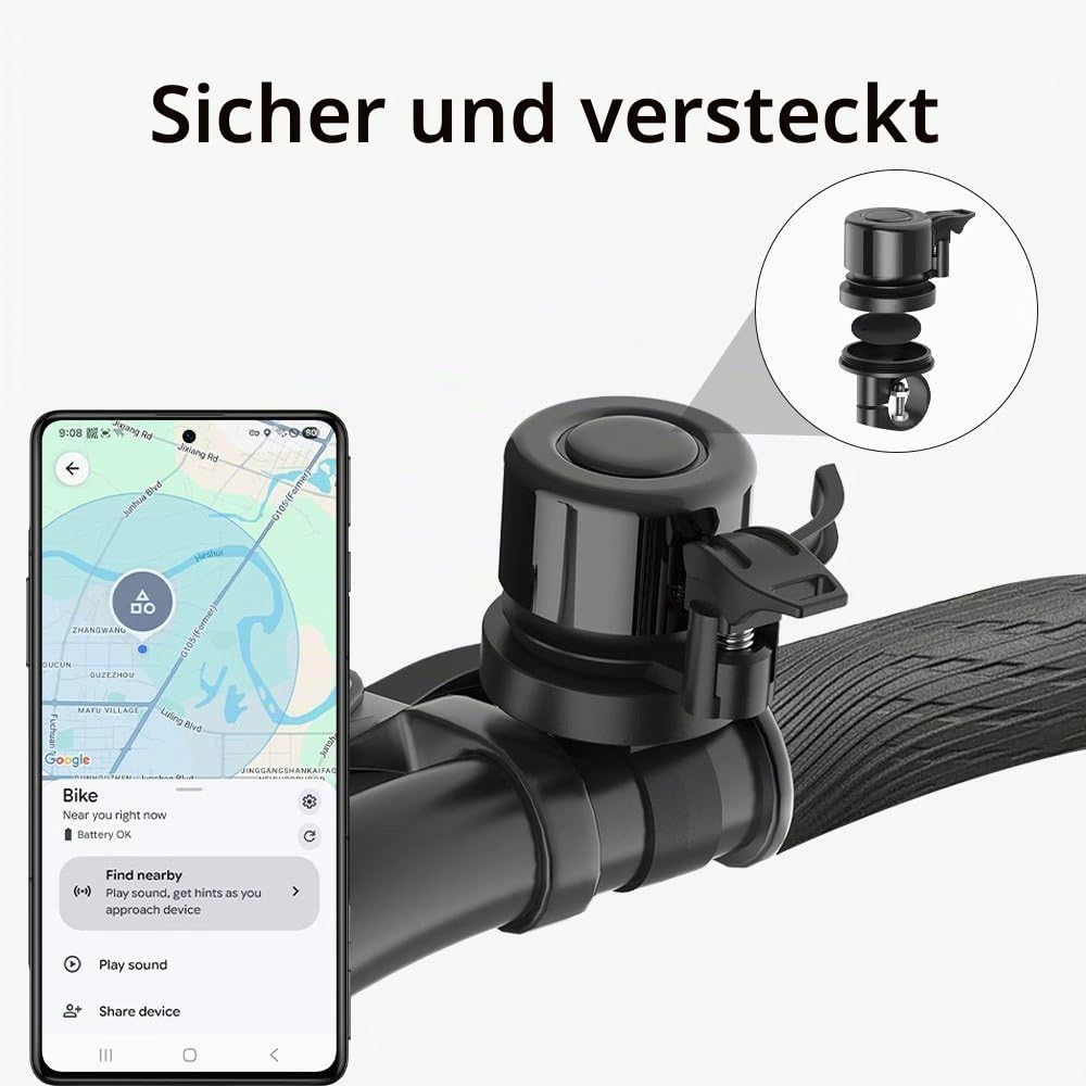 Fahrradklingel mit Tracker-Tag für Find Hub App, Fahrradhalterung für GPS-Tracker, wasserdicht, klassische Edelstahl-Halterung, Diebstahlschutz, 100 dB, passend für 2,2 cm / 25,4 mm Lenker (nur