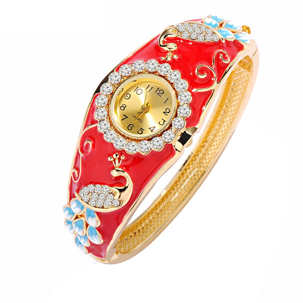 Jewels Galaxy Valentine Gifts Enamel Luxuria Mayur Designer Gold Plated AD Party Bracelet Jewellery For Women & Girls (Red) (SMNJG-WTCC-9017)