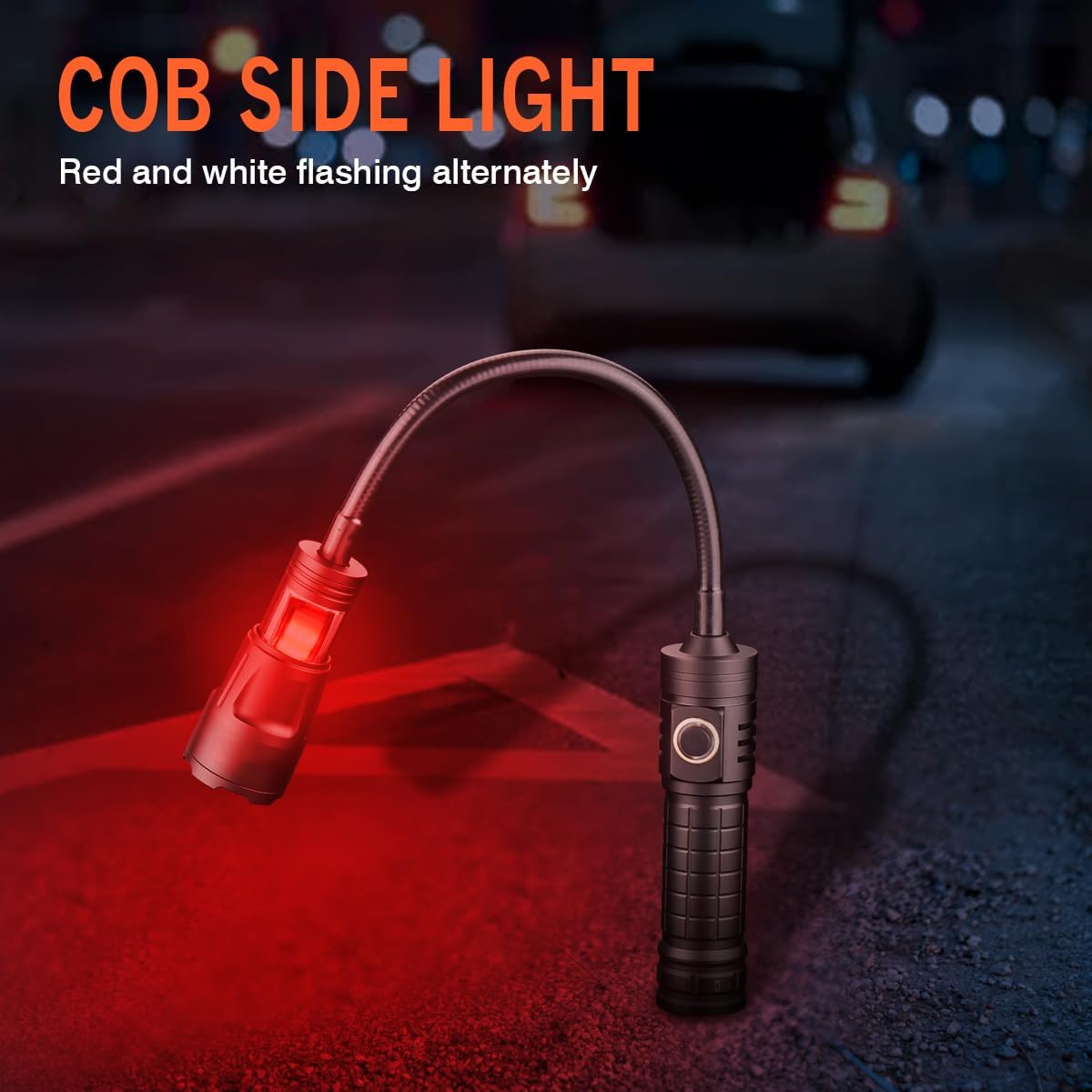 Flashlight with COB side light emitting red light, indicating red and white flashing mode
