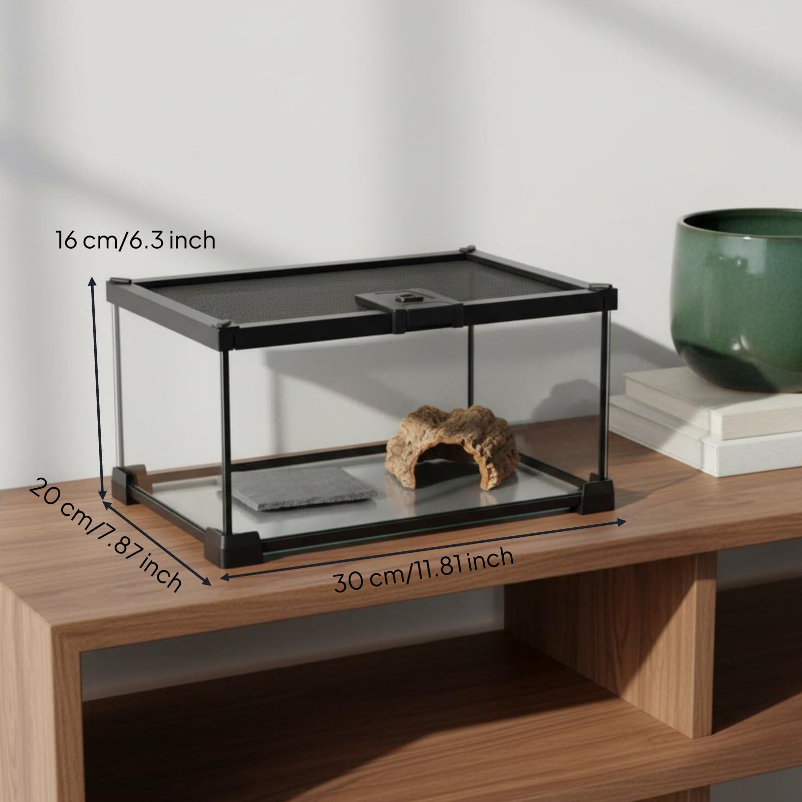 Terrario de Reptiles de Vidrio con Visión Panorámica 360 Grados Ventilación y Estructura Apilable Adecuado para Principiantes Entusiastas Decoración del Hogar, 30x20x16cm