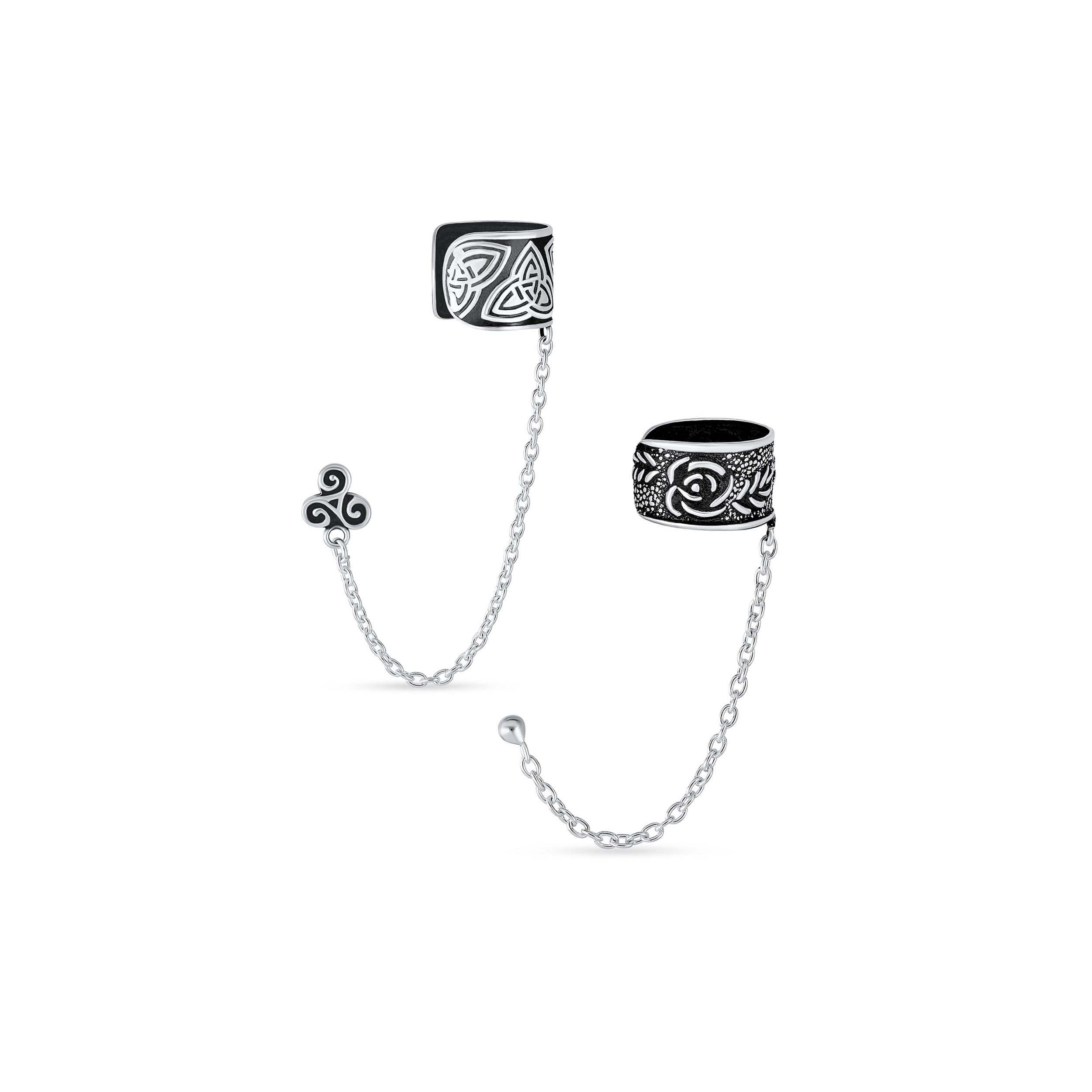 Set aus zwei keltischen irischen Trinity Triskele & Boho Floral Flower Leaf Rose Wrap Knorpel Ohr Manschette Kette durchbohrt Ohrstecker Ohrringe 1Stk oxidiertes .925 Sterlingsilber