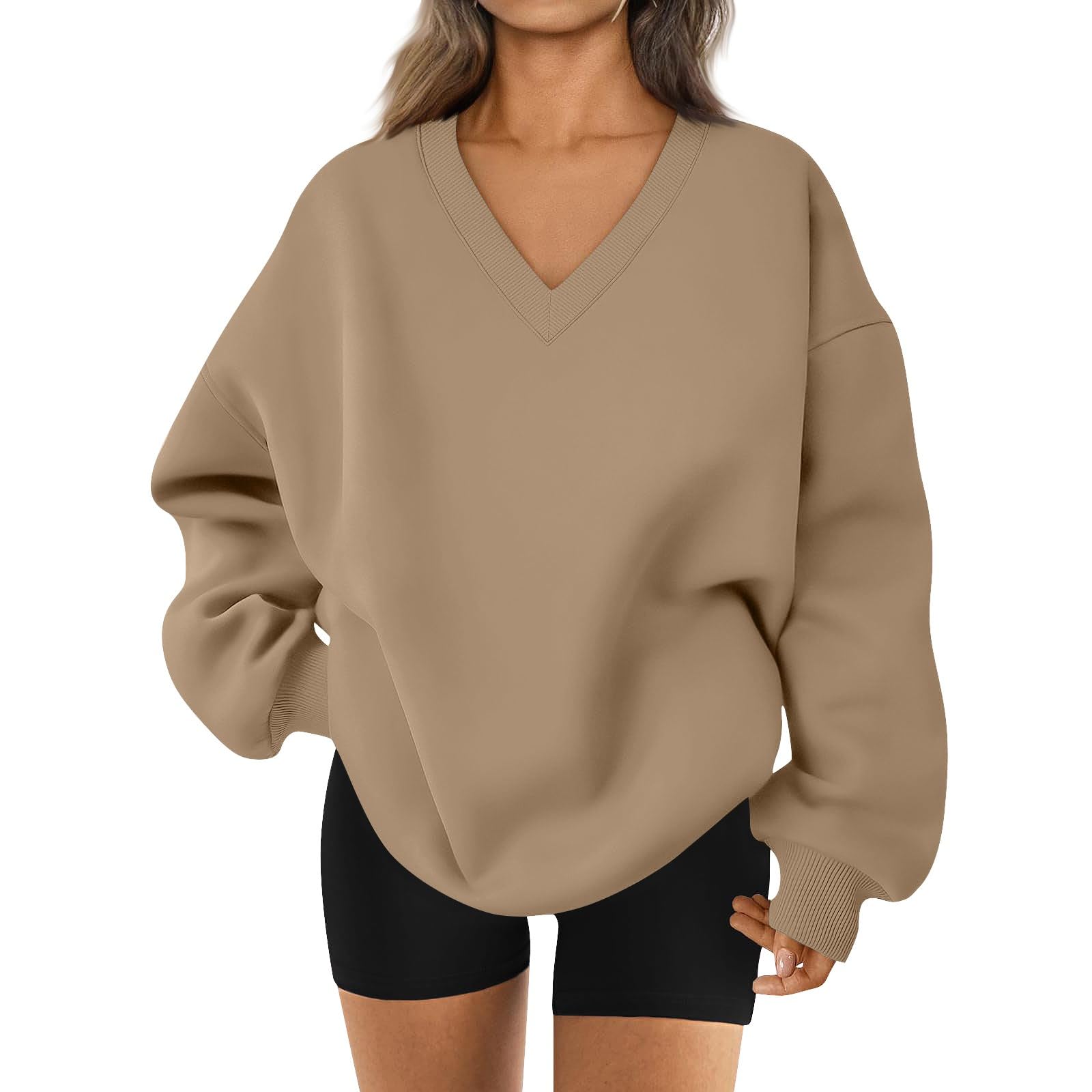 Oversized Sweatshirt For Women Trendy V Neck Soft Fleece Preppy Sweatshirt Long Sleeve Pullover Fall Clothes