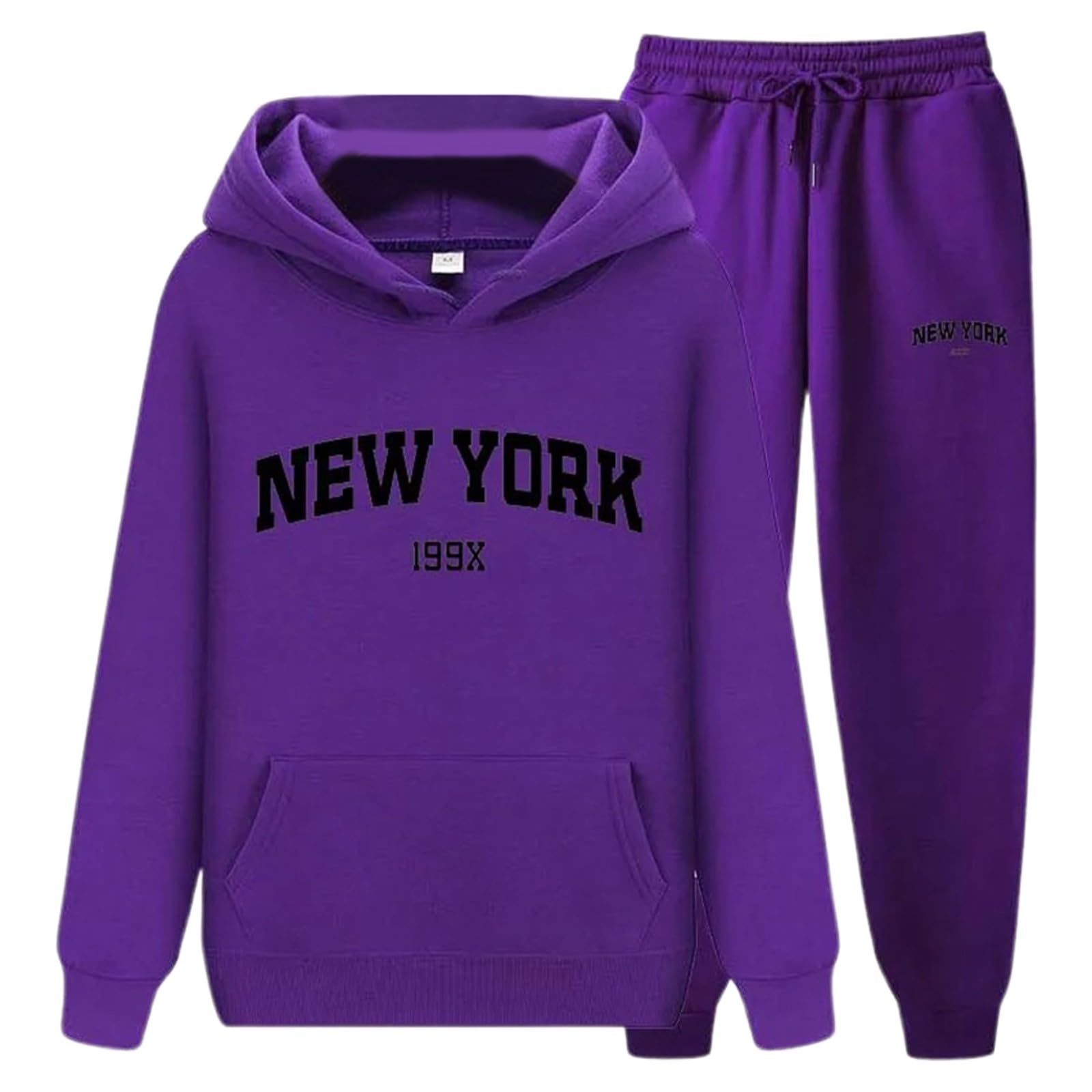 Generisch 2025 - Conjunto de sudadera con capucha y pantalones de chándal con estampado de letras para parejas, unisex, tema de Nueva York, ropa casual, chándal cómodo y elegante con capucha con