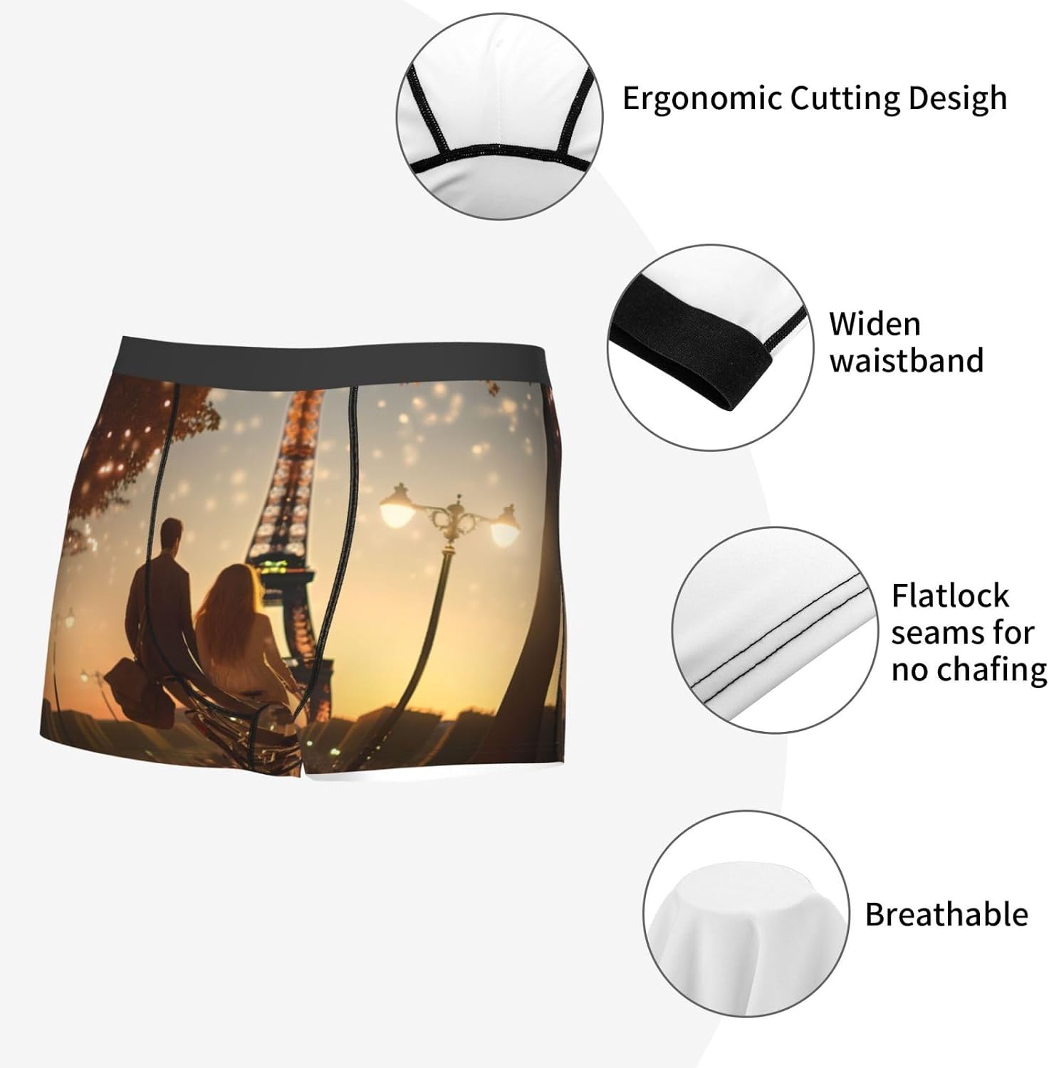 Romantic Paris Eiffel Tower Bycicle Print Boxers For Men-full Print Mens Underwear Boxer Briefs,Comfortable Boxers