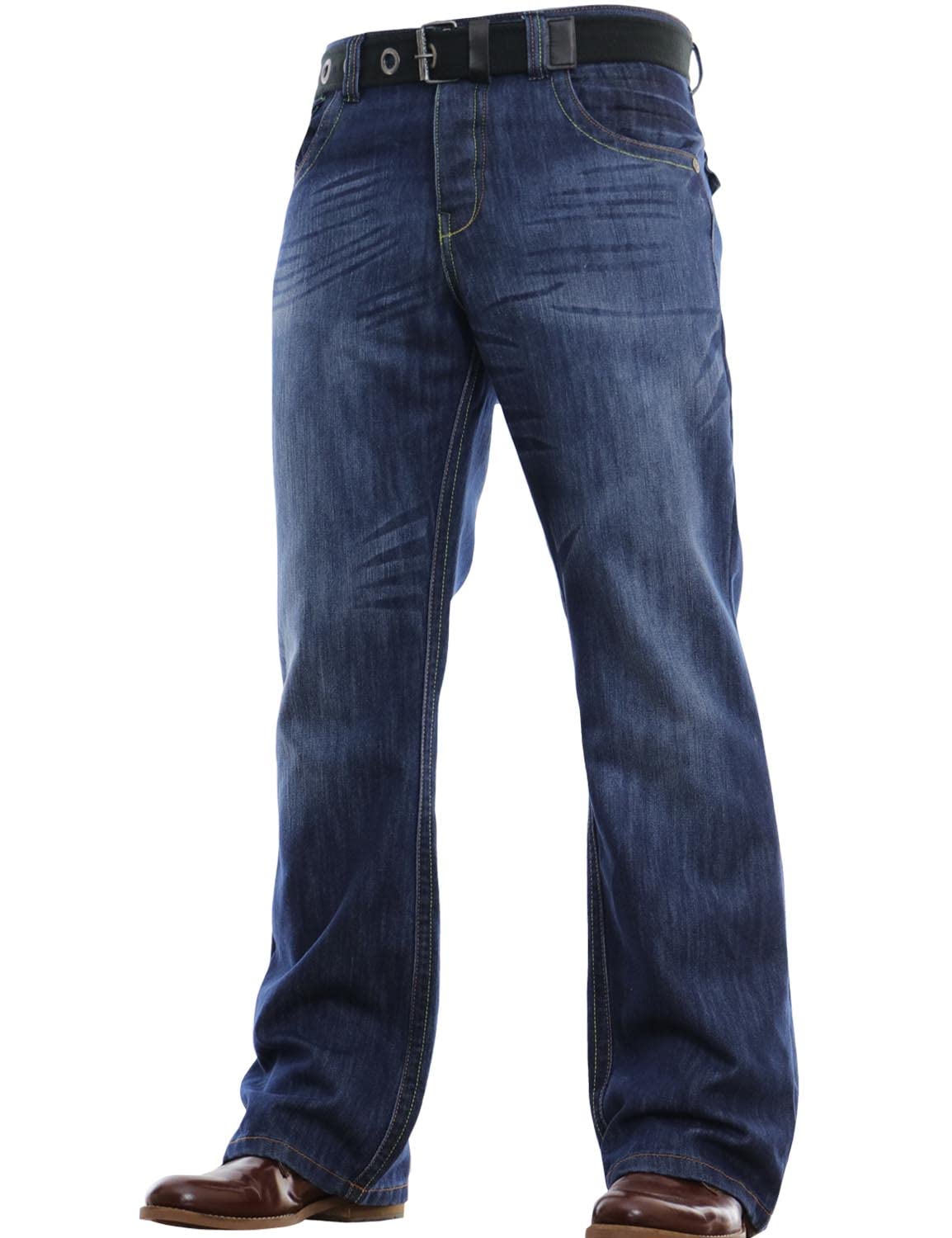 Void London Men's Darkwash Bootcut Flared Wide Leg Blue Heavy Denim Jeans With Belt Dark Blue 40W X 32L