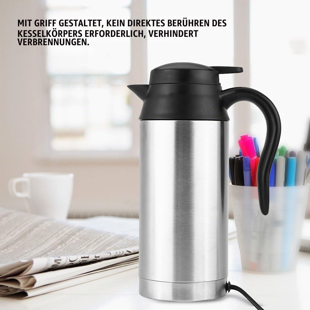 Elektrischer Wasserkocher 304 Edelstahl 12v, 750mL Wasserkocher, 120w KFZ Wasserkessel mit Zigarettenanzünder Heizbecher, Kessel mit Automatischer Abschaltung, Silber Auto