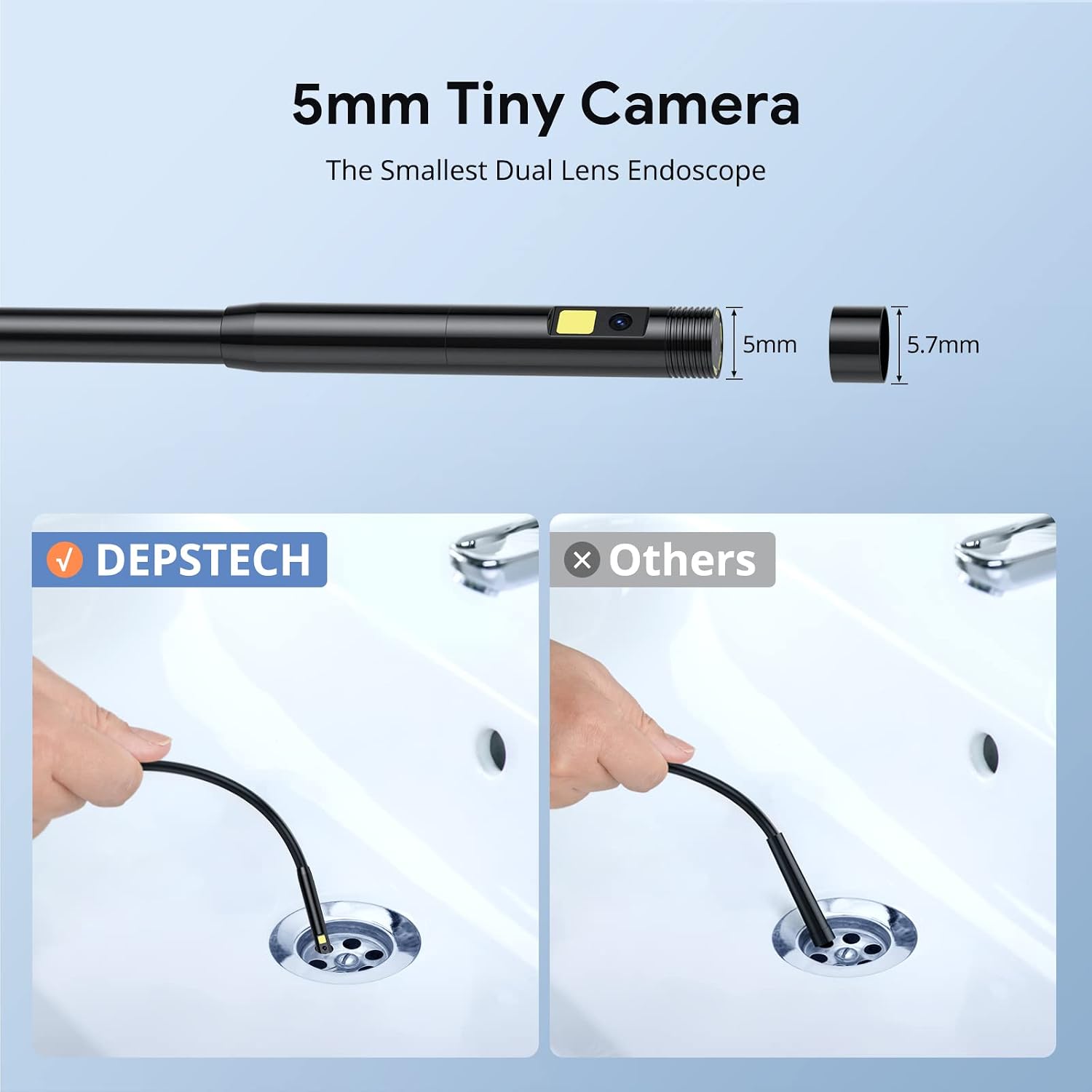 DEPSTECH 0.197inch Wireless Endoscope,1080P Dual Lens Borescope Inspection Camera with Light,2.0 Megapixels Snake Camera with Flexible Semi-Rigid Cable for iPhone & Android-16.5FT
