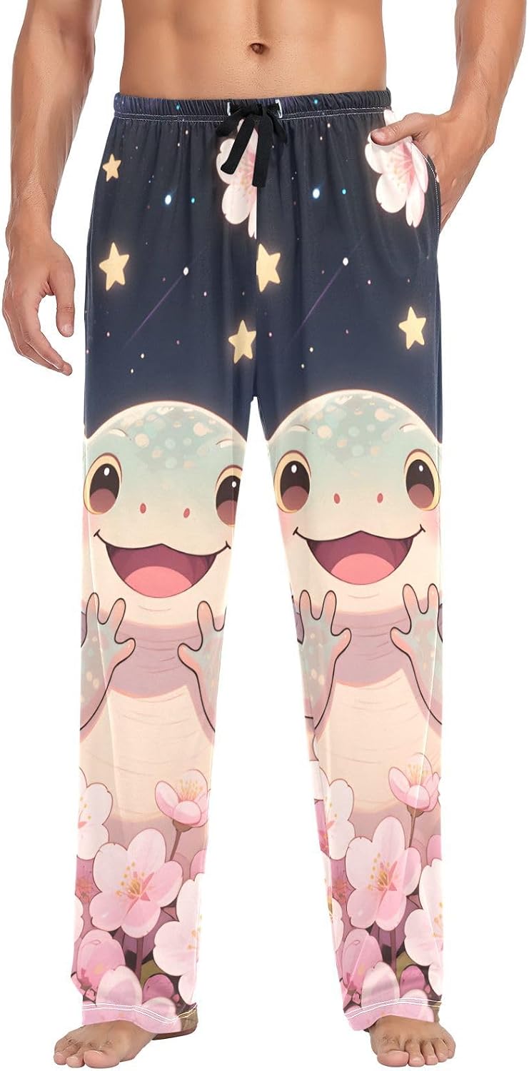ALAZA Cute Axolotl Cherry Blossoms Men's Pajama Pants Men Cotton Pajama Bottoms with Pockets, S