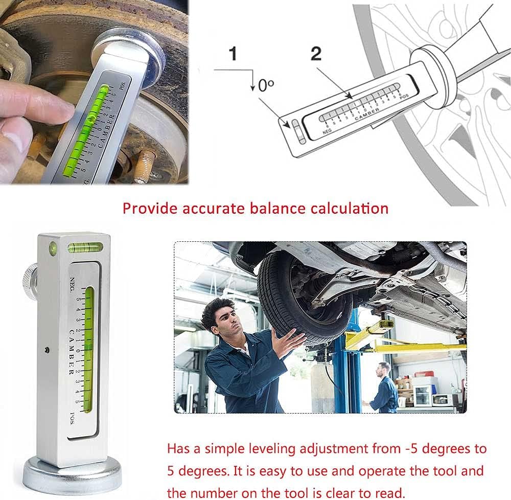 YIQI Camber Gauge in use on a wheel hub, with a diagram of suspension components