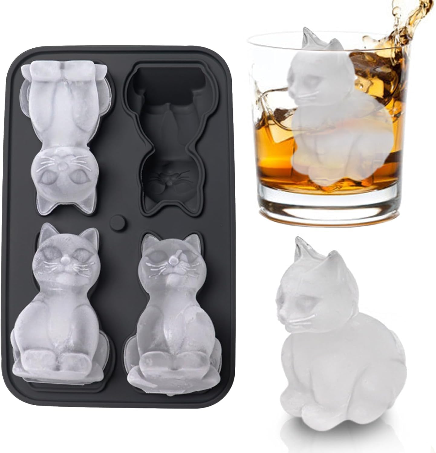 ice Cat Ice Cube Tray - 3D Cat Shape Moulds for Whisky Bourbon, 4-Hole Large Fun Moulds