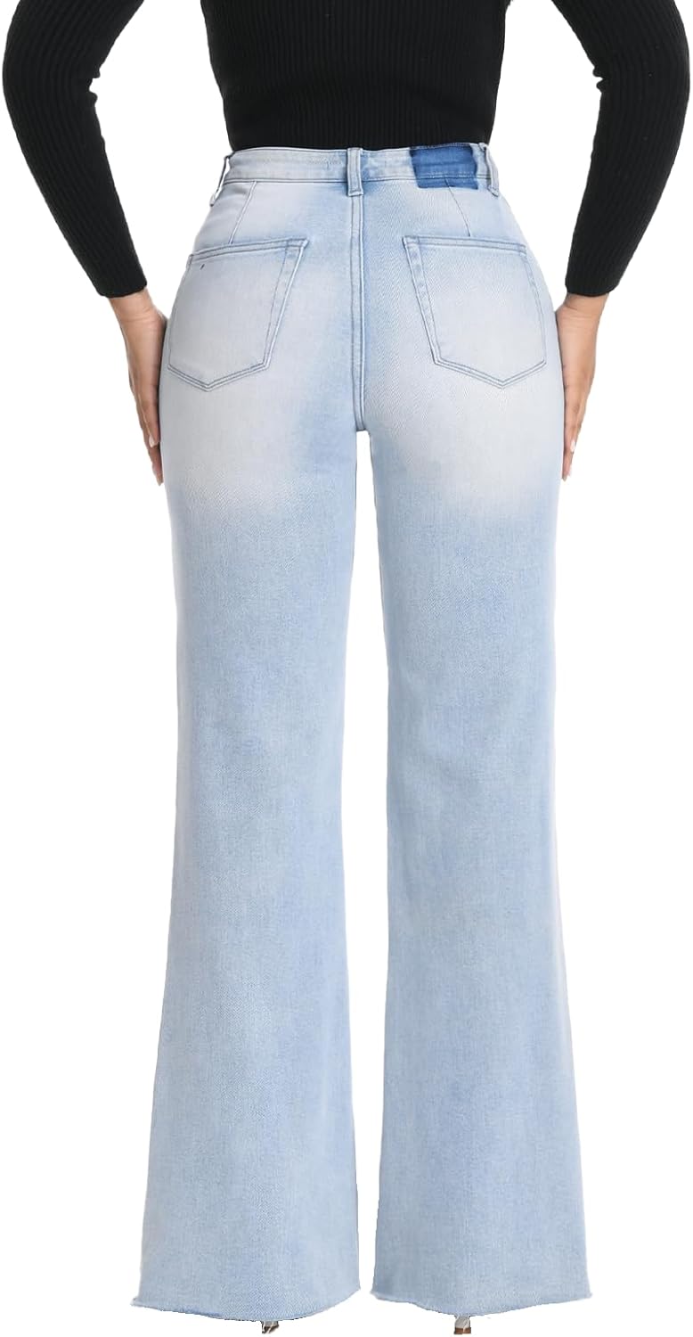 ONESO Wide Leg Jeans for Women High Waisted Stretchy Baggy Jeans BBL Loose Fit Tummy Control Denim Pants Raw Hem Casual