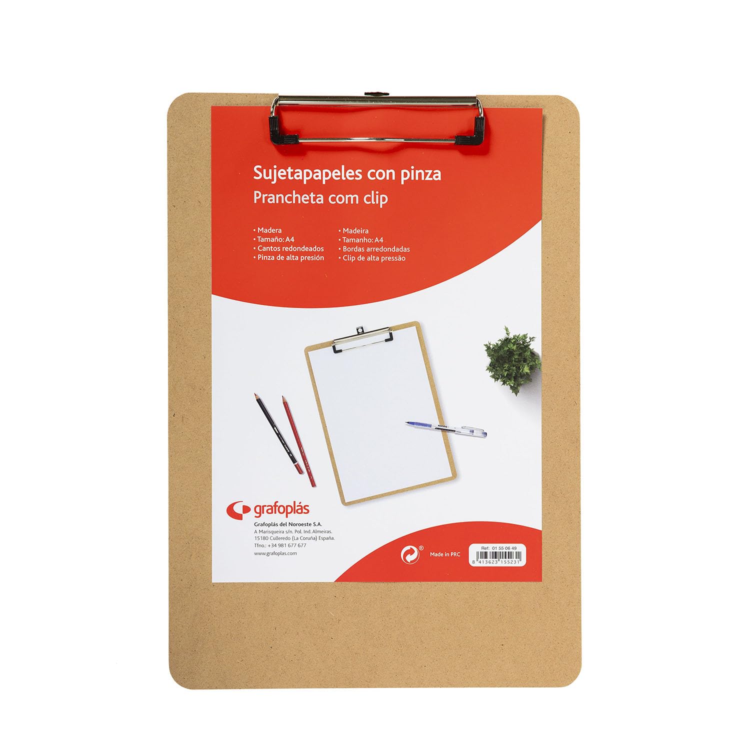 Grafoplás 1550649 Clipboard with Clip, A4, Wood, Rounded Edges