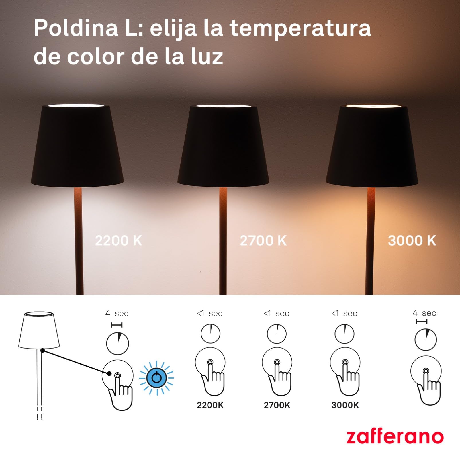 Zafferano, Lámpara Poldina L, Lámpara de Pie Recargable e Inalámbrica con Control Táctil, Adecuada para Interior y Exterior, Atenuador, 2200-3000 K, Altura Ajustable 52-122 cm, Color Gris Oscuro