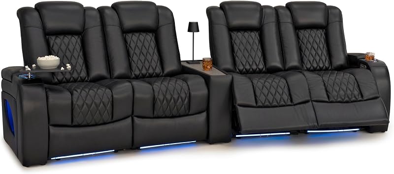 Seatcraft Virtuoso LT Black Italian Leather Home Theater Seating Zero Gravity Power Recliner with Wedge Console Table Heat and Massage, Powered Headrest and Lumbar Chair, Row of 4 Dual Loveseats