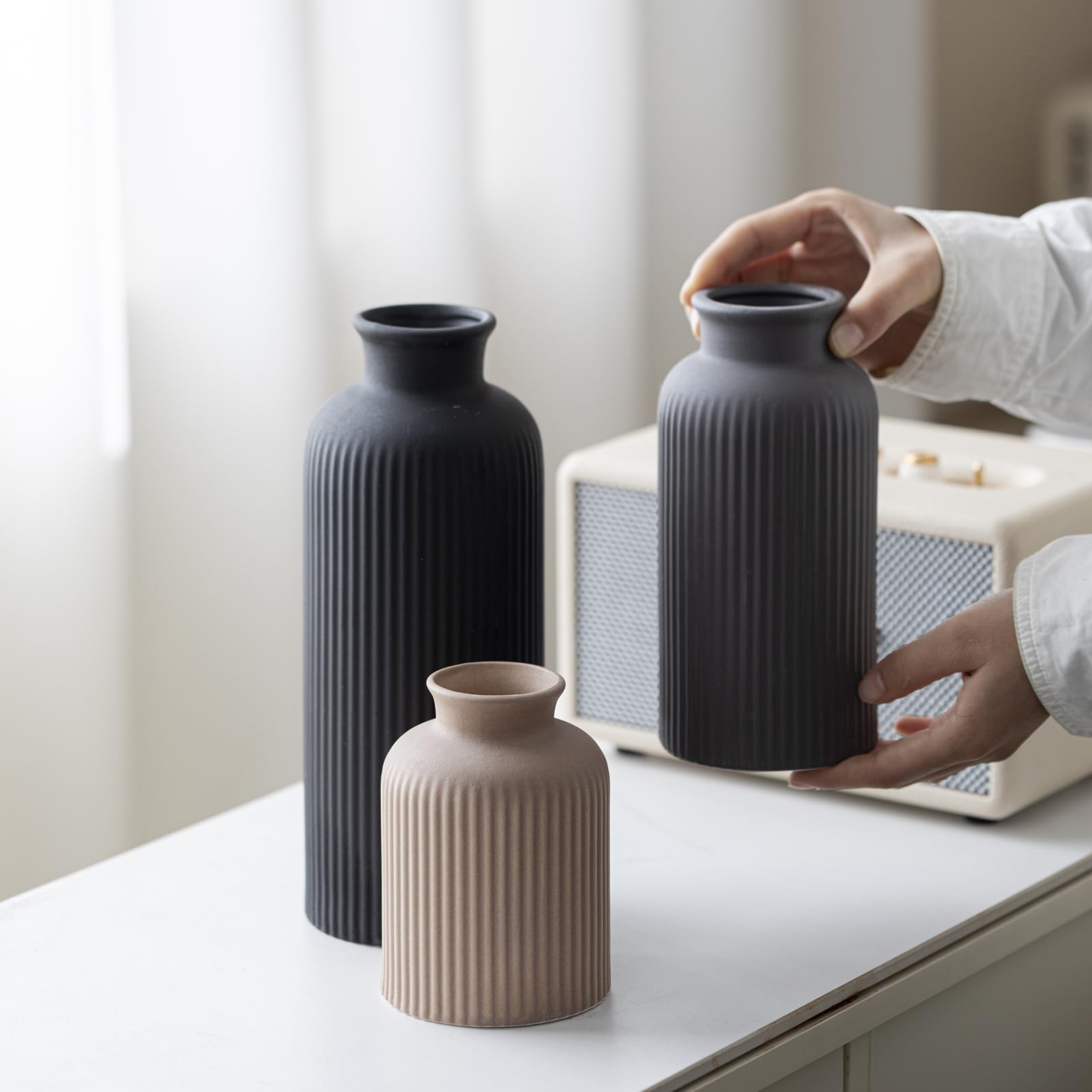 Set di vasi in ceramica moderno e grande, finitura opaca a coste nere, 3 pezzi, vasi decorativi per casa, soggiorno, ufficio, altezza 25,4 cm, larghezza 10,2 cm (mix nero XL)