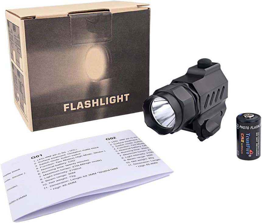 TrustFire G01 Torch 210 Lumens LED Torch for Picatinny or Glock rails with CR2 Battery Compact Product Excellent Quality and Long Service Life