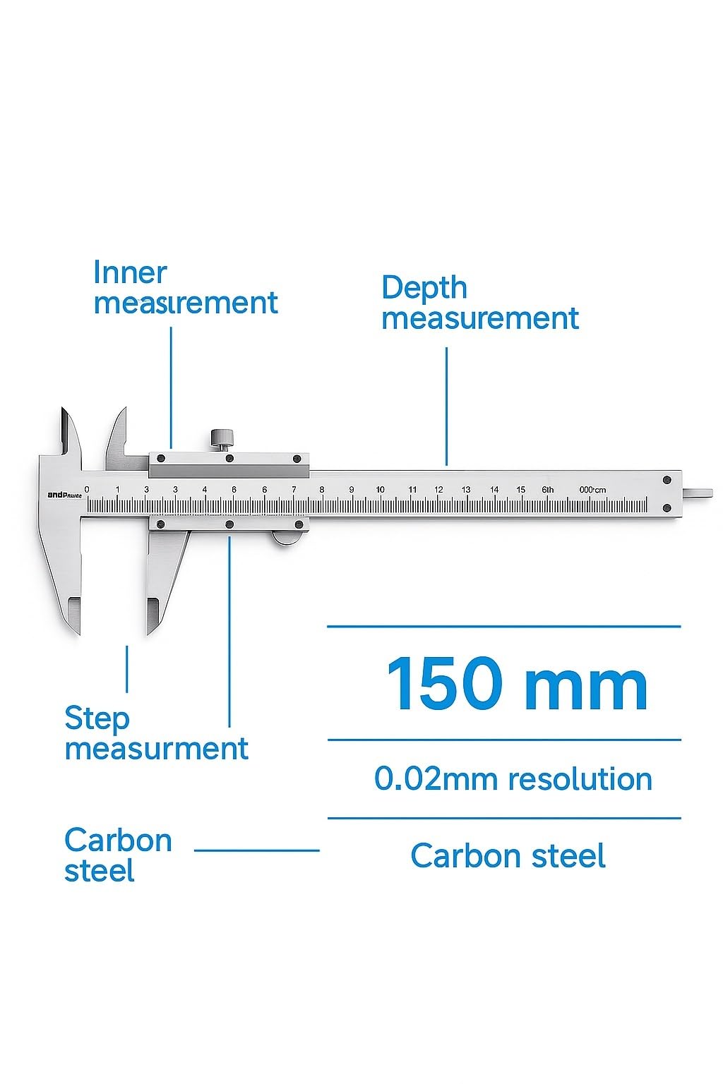 Busstier Analog Kumpas, 150 mm, 0.02 mm Hassasiyetli Ölçüm Aleti, Karbon Çelik Gövde, İç Dış Derinlik ve Step Ölçüm Uygunluğu ile Teknik Kaliper
