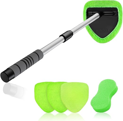 XINDELL 29-inch Windshield Cleaner Tool - Car Interior Cleaning Brush Kit with Extendable Handle, 4 Microfiber Towel Pads, Auto Glass Cleaning for Car Detailing, Trucks, SUVs, RVs, and Home Windows